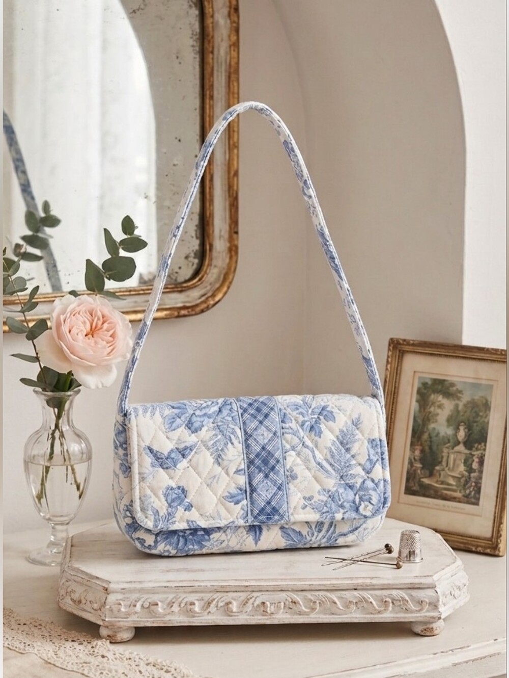 Rare - Blue Botanical Toile Floral Quilted Shoulder Bag- Collector Piece